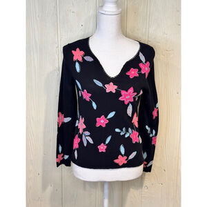 Sigrid Olsen Sweater Black Pink Embroidery Size Medium